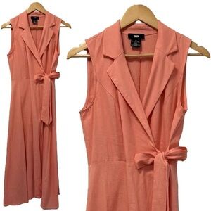 DKNY Coral/Peach Linen-blend Sleeveless Blazer Style Wrap Dress